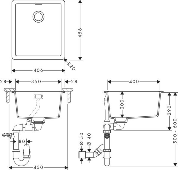 HANSGROHE S52 EVIYE TEZGAH ALTI GRANIT S52 GRAFIT SIYAH 43349170
