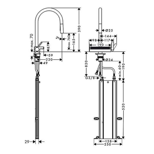 HANSGROHE AQUNO SELECT M81 EVIYE BATARYASI TEK KOLLU 170 SPIRALLI 3JET SBOX SATIN SIYAH 73831670