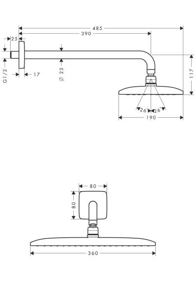 HANSGROHE RAINDANCE E TEPE DUSU 360,1JET,39CM DUS CIKIS DIRSEGI ILE,KROM 26605000