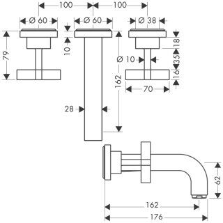 AXOR CITTERIO 3-DELIKLI LAVABO BATARYASI 162MM GAGA ILE PARLAK ALTIN OPTIK 39313990