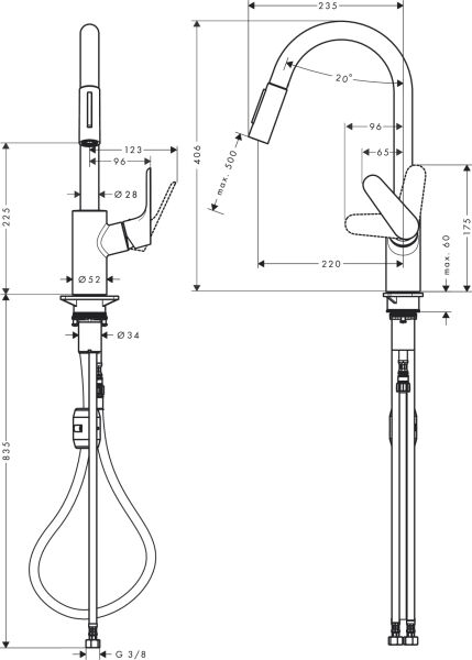 HANSGROHE FOCUS M41 EVIYE BATARYASI TEK KOLLU CEKILEBILIR EL DUSU 2JET KROM 31815000