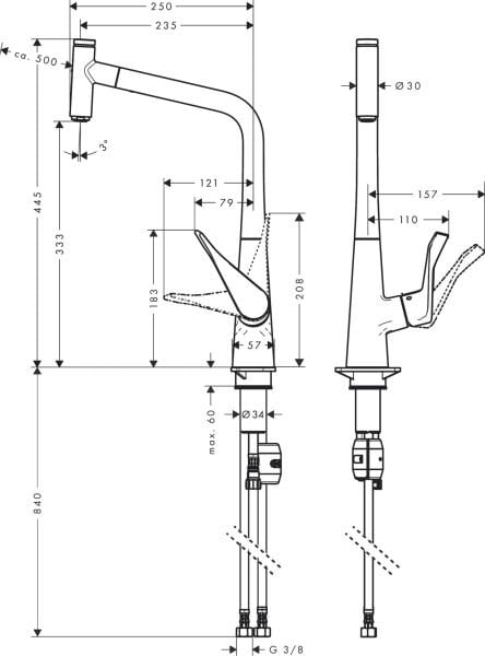 HANSGROHE METRIS SELECT M71 EVIYE BATARYASI TEK KOLLU CEKILEBILIR GAGA 1JET KROM 14884000