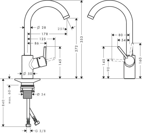 HANSGROHE TALIS M52 EVIYE BATARYASI TEK KOLLU 270 1JET KROM 14870000