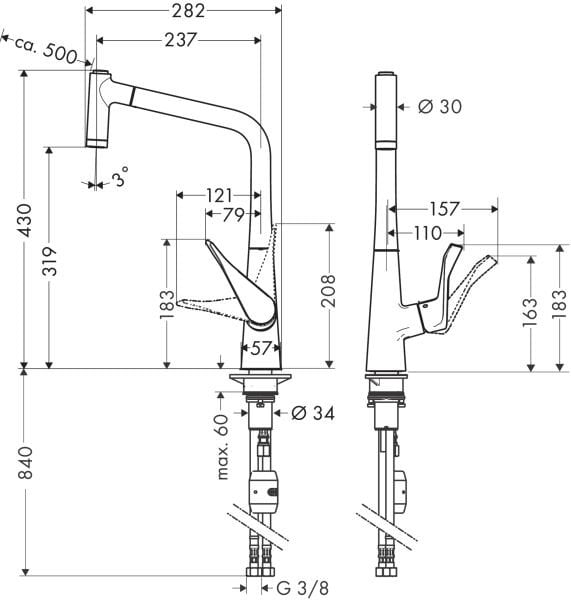 HANSGROHE METRIS M71 EVIYE BATARYASI TEK KOLLU CEKILEBILIR EL DUSU 2JET KROM 14820000