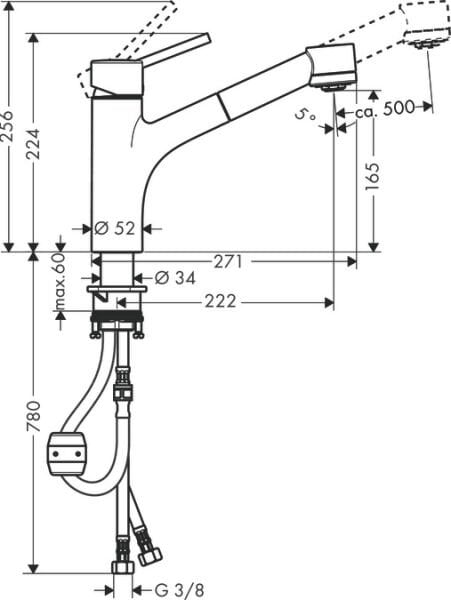 HANSGROHE TALIS M52 EVIYE BATARYASI TEK KOLLU CEKILEBILIR EL DUSU 2JET KROM 32841000