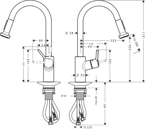 HANSGROHE TALIS M52 EVIYE BATARYASI TEK KOLLU CEKILEBILIR EL DUSU 2JET KROM 14877000