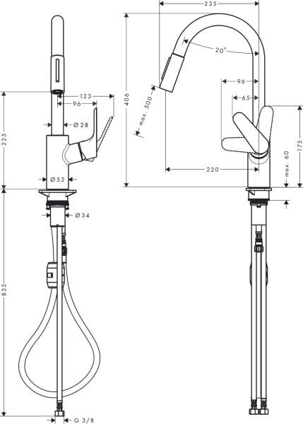 HANSGROHE FOCUS M41 EVIYE BATARYASI TEK KOLLU CEKILEBILIR EL DUSU 2JET 31815670