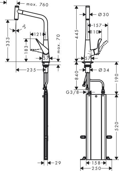HANSGROHE METRIS SELECT M71 EVIYE BATARYASI TEK KOLLU CEKILEBILIR GAGA SBOX KROM 73803000
