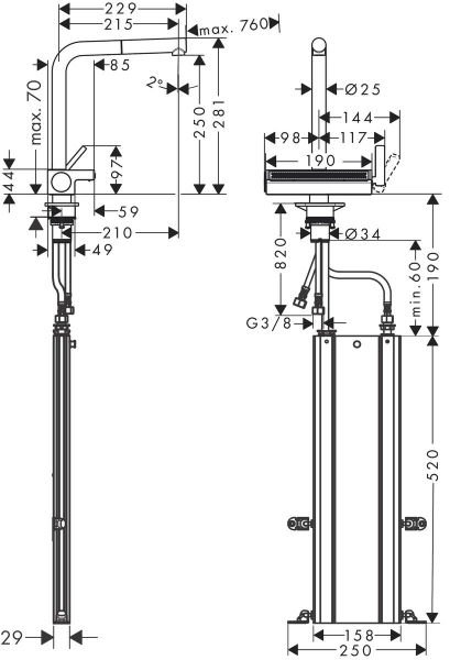 HANSGROHE AQUNO SELECT M81 EVIYE BATARYASI TEK KOLLU 250 CEKILEBILIR GAGA 2JET SBOX KROM 73830000