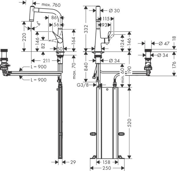 HANSGROHE METRIS SELECT M71 EVIYE BATARYASI TEK KOLLU 2 DELIK 220 CEK. EL DUS 2JET KROM SBOX 73805000