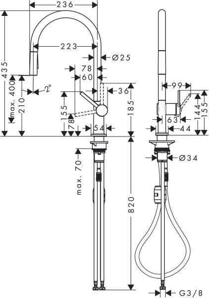HANSGROHE TALIS M54 EVIYE BATARYASI TEK KOLLU CEKILEBILIR EL DUSU 2JET 72800670