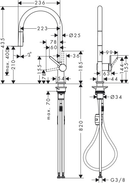 HANSGROHE TALIS M54 EVIYE BATARYASI TEK KOLLU CEKILEBILIR EL DUSU 2JET 72800670