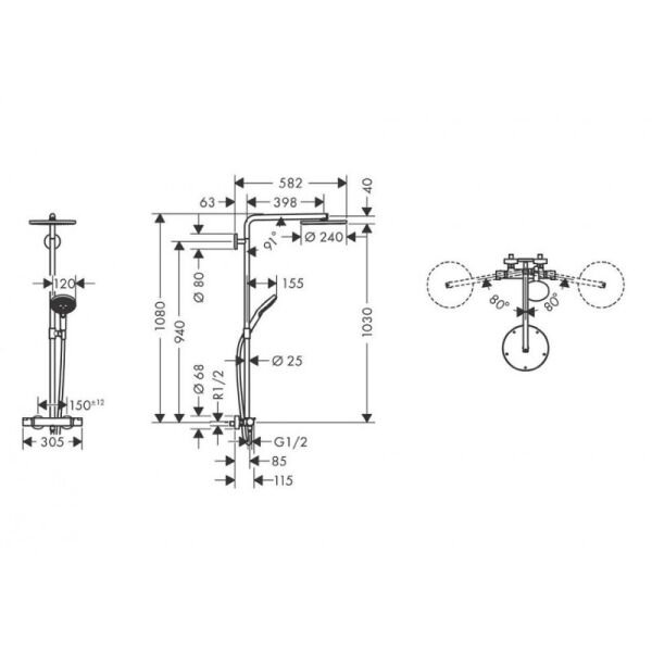 HANSGROHE RAINDANCE SELECT S DUS KOLONU 240 1JET POWDERRAIN TERMOSTAT ILE MAT SIYAH KROM 27633340