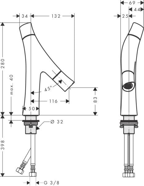 AXOR STARCK ORGANIC IKI KOLLU LAVABO BATARYASI 80 MM 2 VOLANLI  KROM 12011000