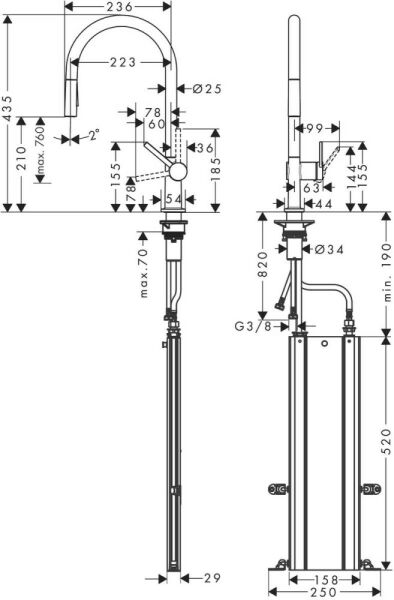 HANSGROHE TALIS TEK KOLLU EVIYE BATARYASI 210, CEKILEBILIR EL DUSU 2JET SBOX MAT SIYAH 72801670