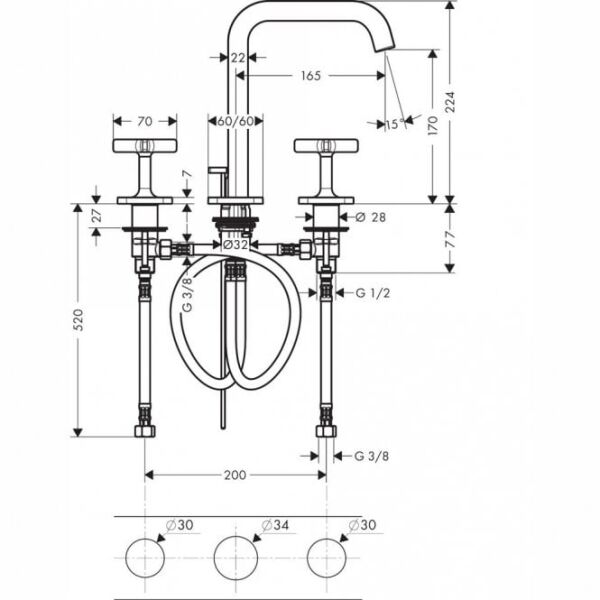 AXOR CITTERIO 3-DELIKLI LAVABO BATARYASI 170 POP-UP PARLAK MAT BRONZ 36116140