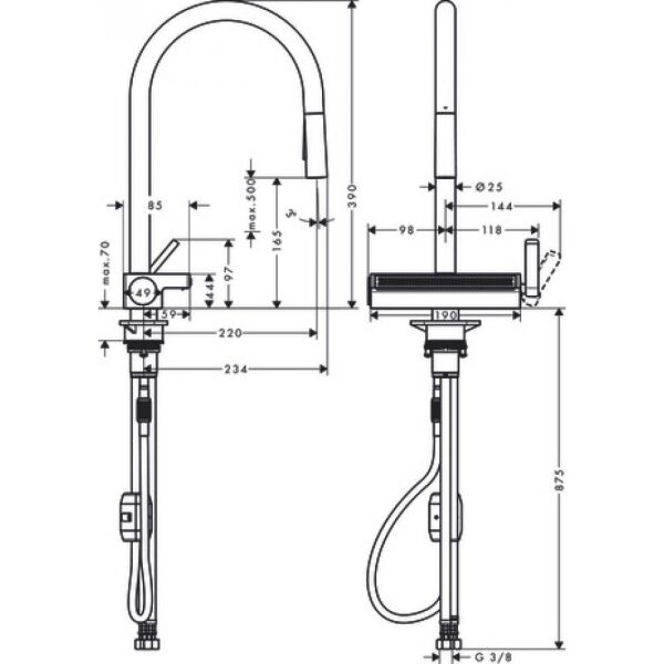 HANSGROHE AQUNO SELECT M81 TEK KOLLU EVIYE BATARYASI 170 CEKILEBILIR EL DUSU 3JET SATIN SIYAH 73837670