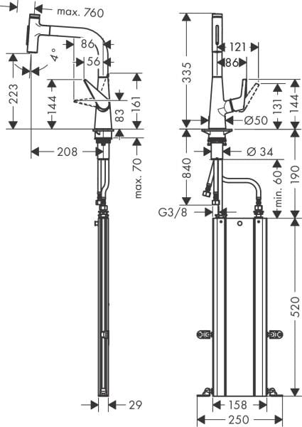 HANSGROHE TALIS SELECT M51 TEK KOLLU EVIYE BATARYASI 200 CEKILEBILIR EL DUSU 2JET SBOX KROM 73868000