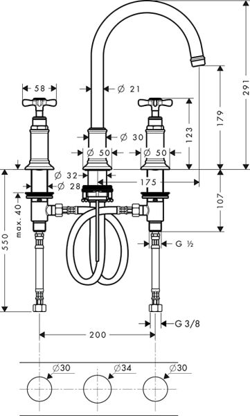 AXOR MONTREUX 3-DELIKLI LAVABO BATARYASI 180 MM BAS-AC GIDER SETLI FIRCALANMIS ALTIN OPTIK 16513250