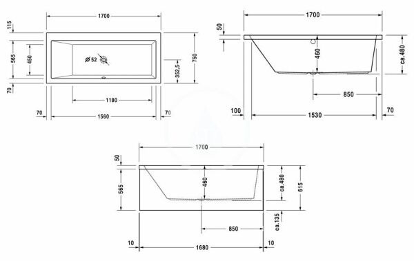 DURAVIT VERO KUVET 170*75 CM  SOLDA TEK SIRT EGIMLI, BEYAZ 700133000000000