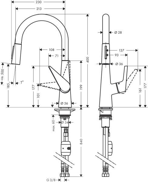 HANSGROHE TALIS M51 EVIYE BATARYASI TEK KOLLU 200MM CEKILEBILIR EL DUSLU, 2 JET KROM 72813000