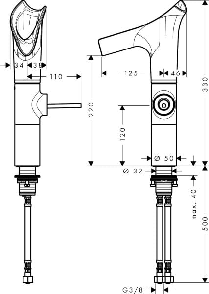 AXOR STARCK V TEK KOLLU LAVABO BATARYASI 220 MM CAM GAGA CANAK LAVABO ICIN  KROM 12114000