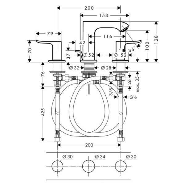 HANSGROHE METRIS 3-DELIKLI LAVABO BATARYASI 100 ANKASTRE KROM 31083000