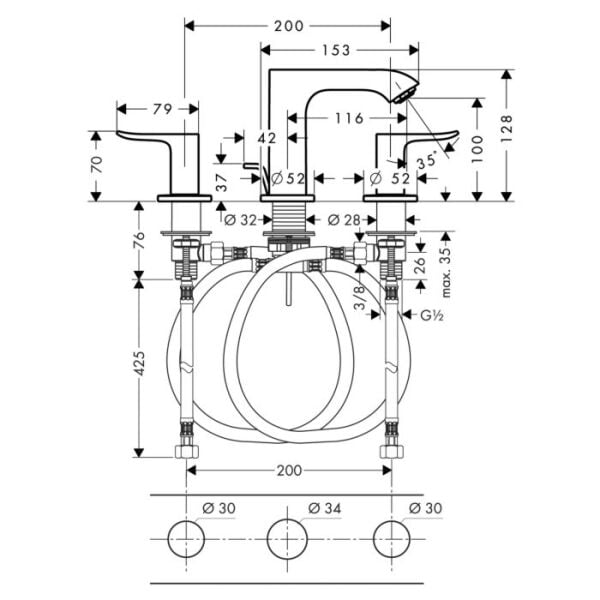 HANSGROHE METRIS 3-DELIKLI LAVABO BATARYASI 100 ANKASTRE KROM 31083000