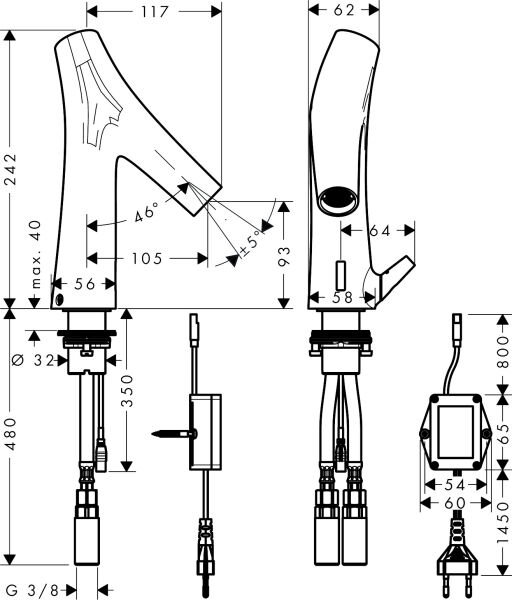 AXOR STARCK ORGANIC FOTOSELLI LAVABO BATARYASI ELEKTRIKLI LB AC VOLANLI   KROM 12173000