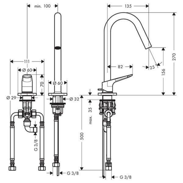 AXOR CITTERIO M IKI DELIKLI LAVABO BATARYASI 160 MM KUMANDALI PARLAK SIYAH KROM 34132330