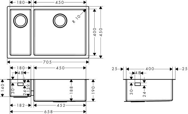 HANSGROHE S719 EVIYE TEZGAH ALTI S719-U655 180/450 CELIK 43429800