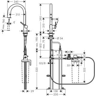 HANSGROHE AQITTURA M91 EVIYE BATARYASI FILTERSYSTEM 210 CEKILEBILIR GAGA 1 JET SBOX PASLANMAZ CELIK 76826800