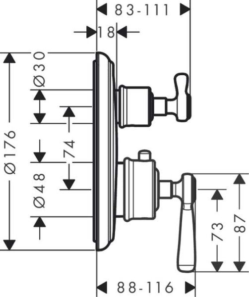 AXOR MONTREUX BANYO BATARYASI TERMOSTAT ACMA-KAPAMA VALFI VE CUBUK VOLAN KROM 16801000