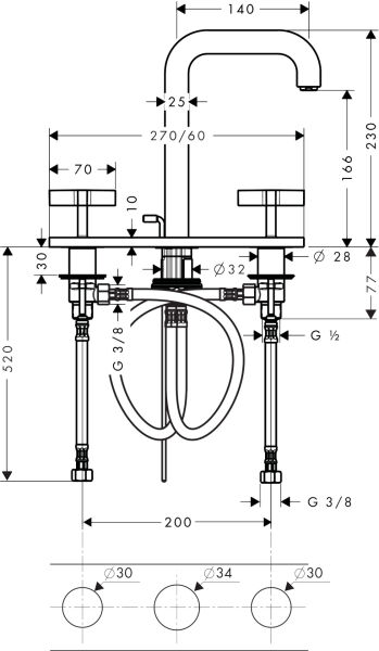 AXOR CITTERIO 3-DELIKLI LAVABO BATARYASI 170-140MM GAGA ARTI VOL. PLAKA ILE KUMAND. KROM 39134000