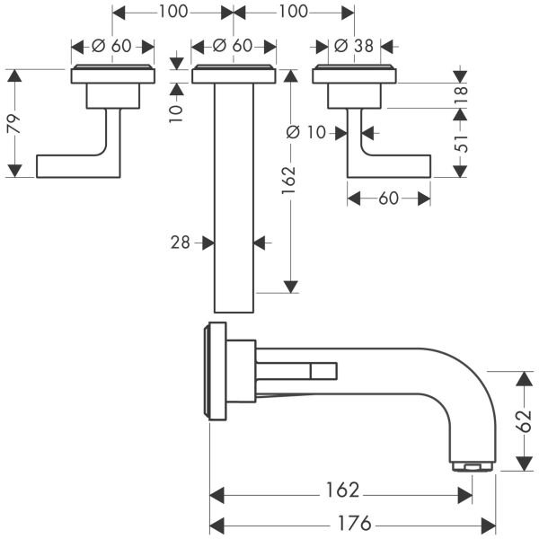 AXOR CITTERIO 3-DELIKLI LAVABO BATARYASI 162MM GAGA ANKASTRE KROM 39315000