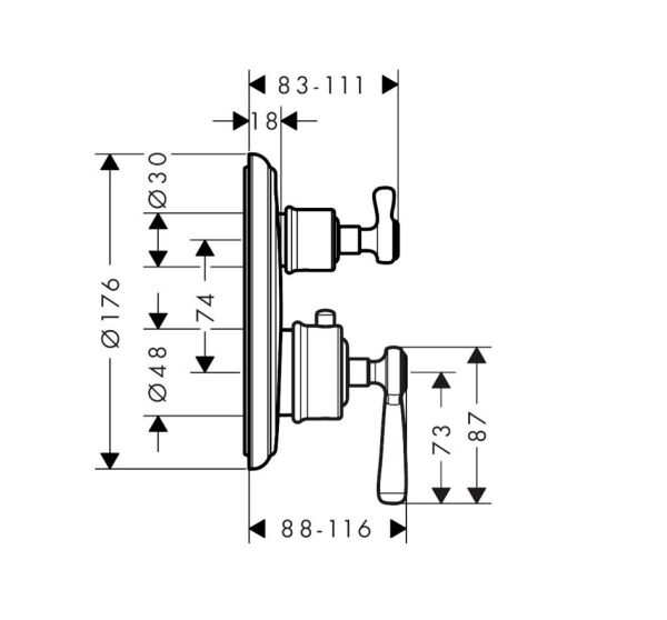 AXOR MONTREUX BANYO BATARYASI TERMOSTATIK 1 CIKIS CUBUK VOLAN P.ALTIN 16801990