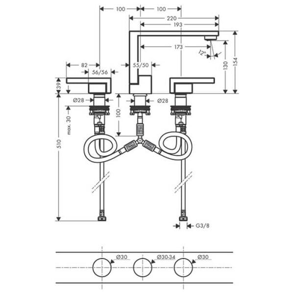 AXOR EDGE 3-DELIKLI LAVABO BATARYASI 130MM ELMAS KESIM SIYAH KROM 46051330