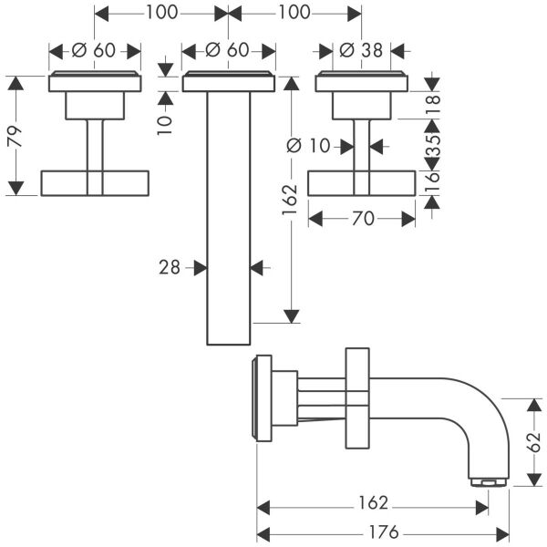 AXOR CITTERIO 3-DELIKLI LAVABO BATARYASI 162MM GAGA ILE KROM 39313000