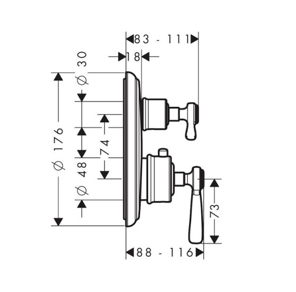 AXOR MONTREUX BANYO BATARYASI TERMOSTAT 2 CIKIS CUBUK VOLAN MAT SIYAH KROM 16821340