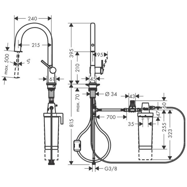 HANSGROHE AQITTURA M91 EVYE BATARYASI M91 FILTRE SISTEMI 210, 1JET STARTER SET SATIN SIYAH 76801670