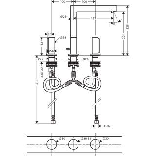 AXOR UNO 3-DELIKLI LAVABO BATARYASI 200MM MAT K.ALTIN  45133310