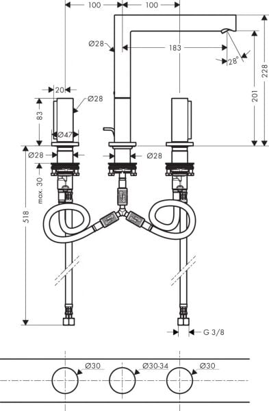 AXOR UNO 3-DELIKLI LAVABO BATARYASI 200MM ZERO VOLAN KROM 45133000