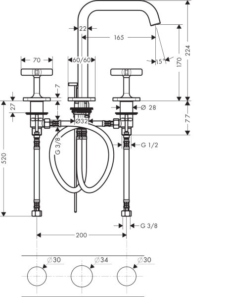 AXOR CITTERIO E 3-DELIKLI LAVABO BATARYASI 170MM KROM 36108000