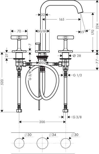 AXOR CITTERIO E 3-DELIKLI LAVABO BATARYASI 170MM PARLAK SIYAH 36108330