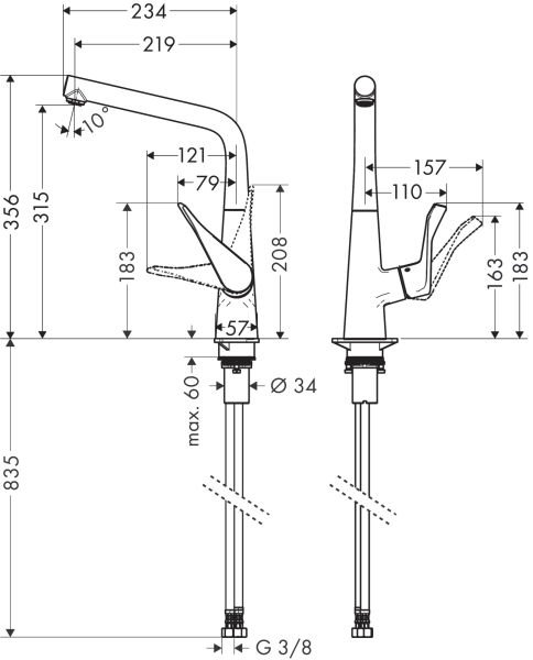 HANSGROHE METRIS EVIYE BATARYASI TEK KOLLUN DONEBILIR GAGA KROM 14822000