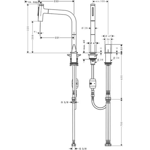 HANSGROHE METRIS SELECT M71 EVIYE BATARYASI 2 DELIKLI 200 CEKILEBILIR GAGA PASLANMAZ CELIK 73819800