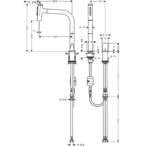 HANSGROHE METRIS SELECT M71 EVIYE BATARYASI 2 DELIKLI 200 CEKILEBILIR GAGA PASLANMAZ CELIK 73819800
