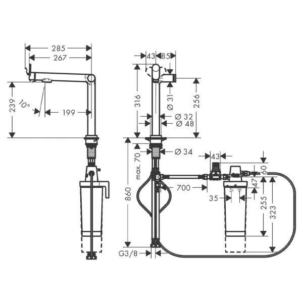 HANSGROHE AQITTURA M91 EVYE BATARYASI M91 FILTRE SISTEMI 240, 1JET STARTER SET PASLANMAZ CELIK 76802800