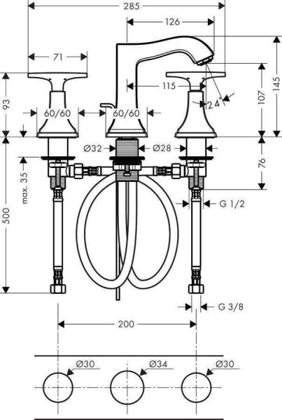 HANSGROHE METROPOL CLASSIC 3-DELIKLI LAVABO BATARYASI 110 ARTI VOLAN KROM/ALTIN OPTIK 31306090