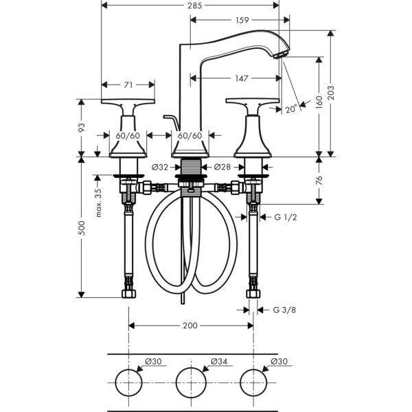 HANSGROHE METROPOL CLASSIC 3-DELIKLI LAVABO BATARYASI 160 MM ARTI VOLAN KROM/ALTIN OPTIK 31307090